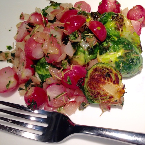 Roasted Radishes and Brussels Sprouts. Copyright Steve Parker MD 